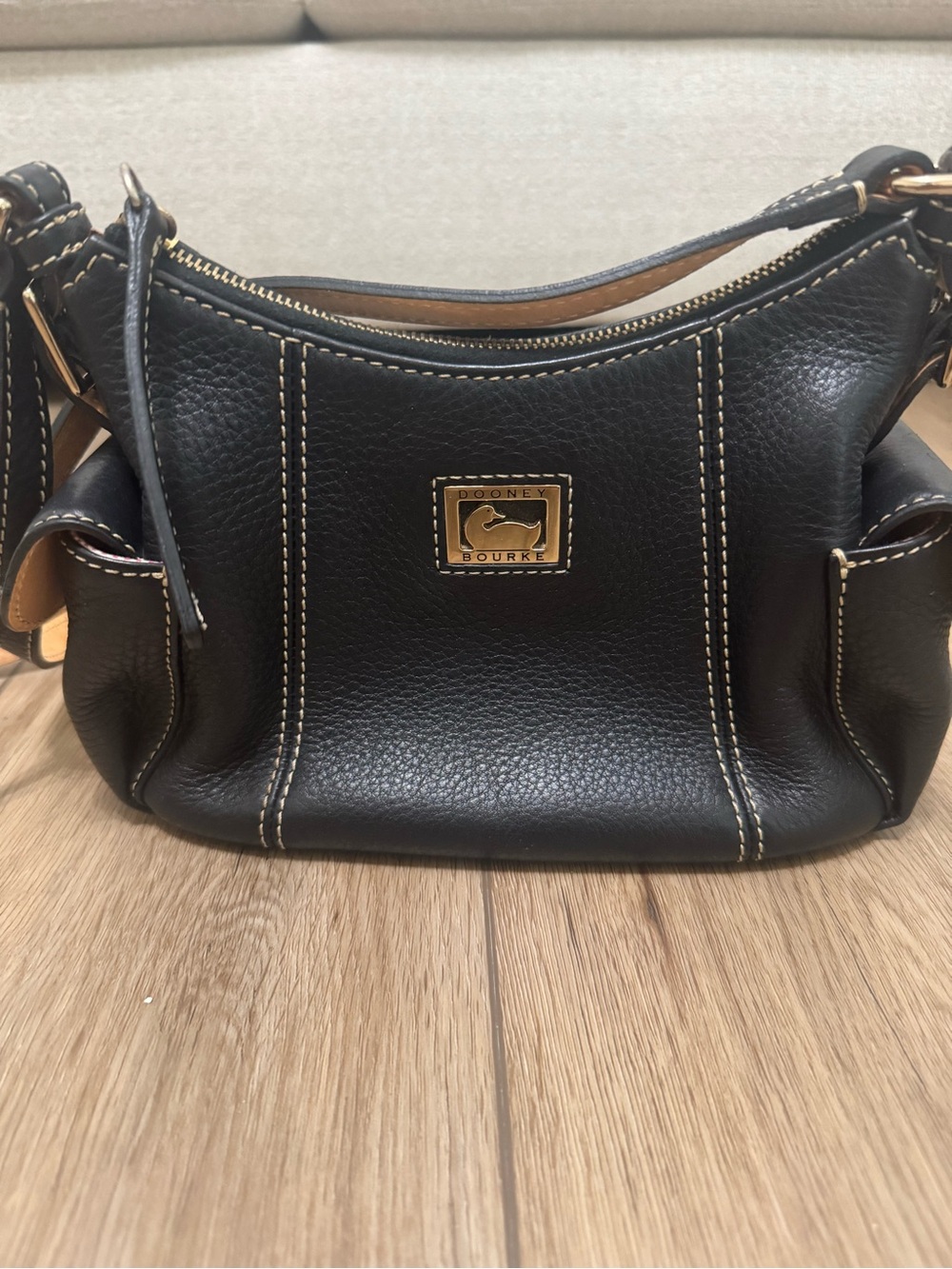 Dooney & Bourke Black Pebbled Leather Shoulder Bag with Gold Hardware